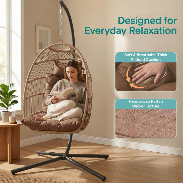Foldable Egg Chair 350 lbs Capacity Rattan Wicker with Cushion Brown