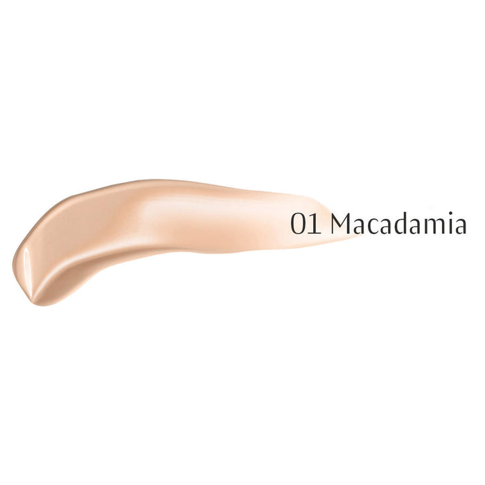 Beige makeup swatch labeled '01 Macadamia' on a white background.