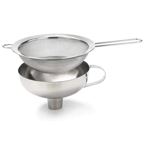 A stainless steel funnel and sieve combo from iSi, featuring a large funnel with a spout and a detachable fine mesh sieve on top.