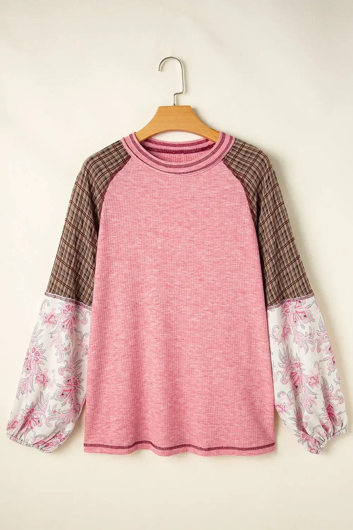 Fushia Mixed Print Patchwork Raglan Ribbed Knit Top - Tops/Long Sleeve Tops