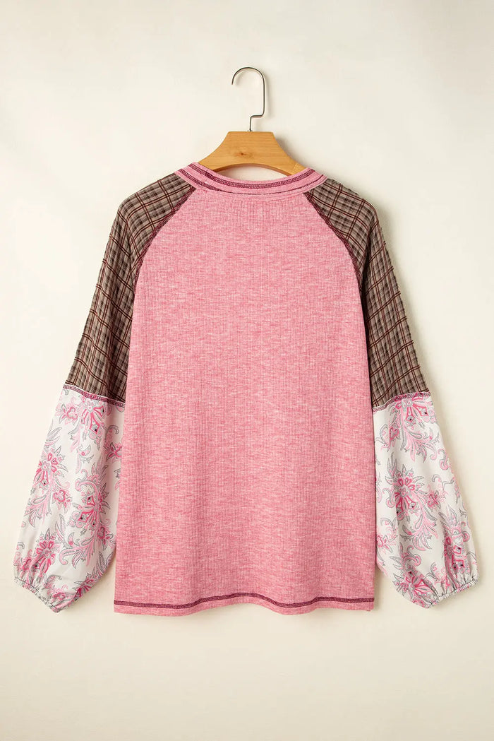 Fushia Mixed Print Patchwork Raglan Ribbed Knit Top - Tops/Long Sleeve Tops