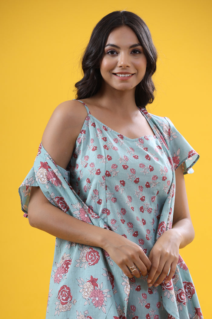 Gardenia on Sea Green Wrap Around Cotton Dress