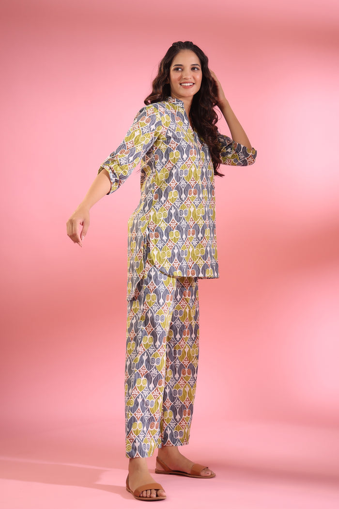 Geometric Print on Grey Cotton Co-ord Set