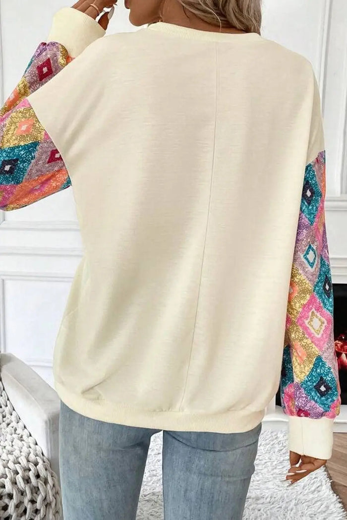 Beige Geometric Printed Patchwork Long Sleeve Round Neck Top - Tops/Long Tops