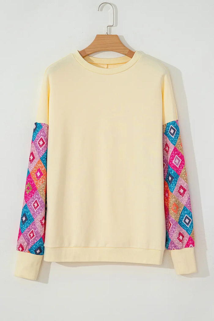 Geometric Print Patchwork Long Sleeve Round Neck Top – Beige
