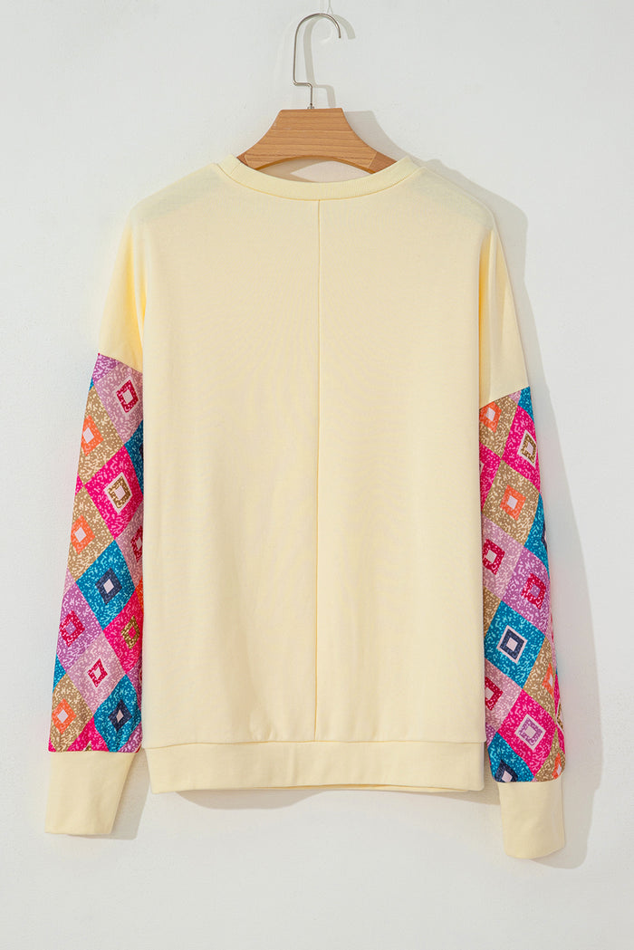 Geometric Print Patchwork Long Sleeve Round Neck Top – Beige