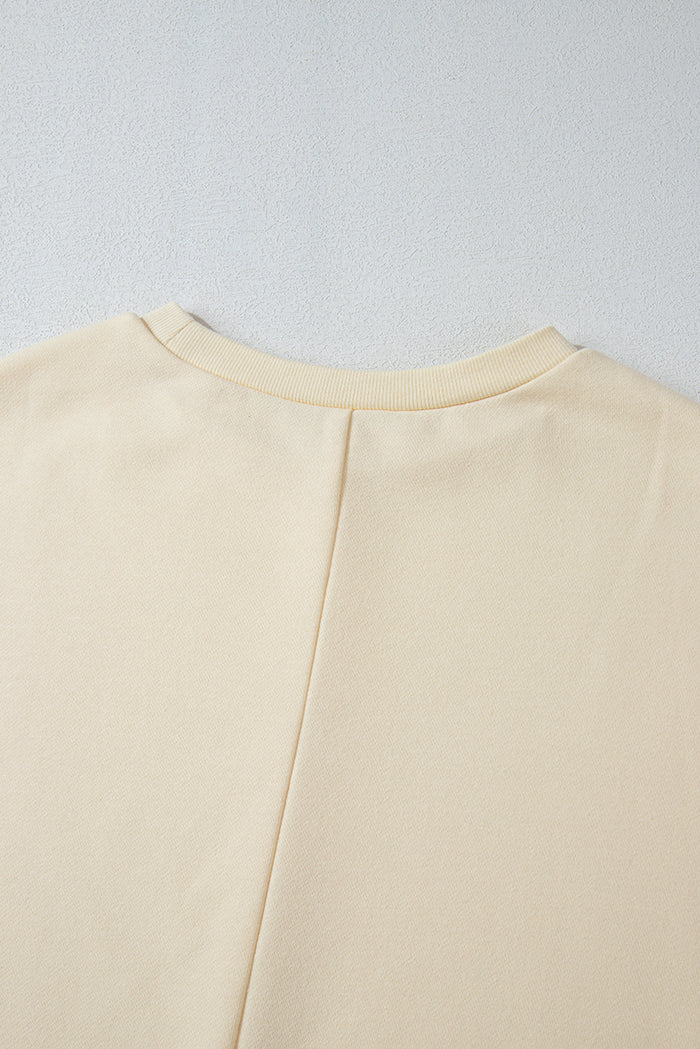 Geometric Print Patchwork Long Sleeve Round Neck Top – Beige