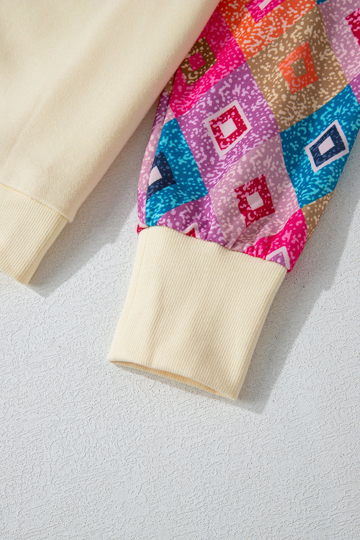 Geometric Print Patchwork Long Sleeve Round Neck Top – Beige