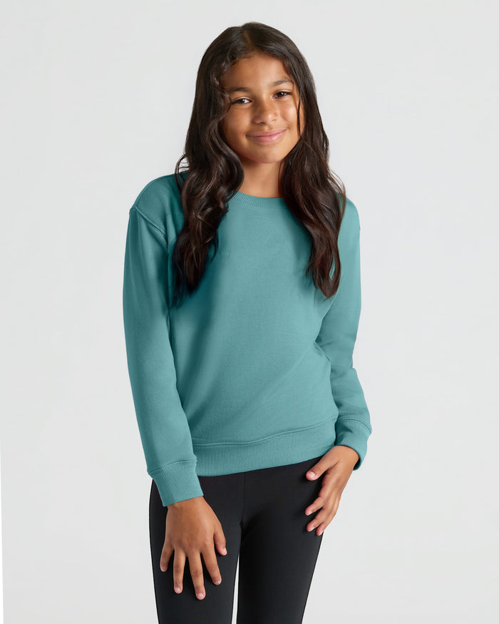 Girl in comfy teal Girls Black & Stormcloud Slouch Pullover Crew.