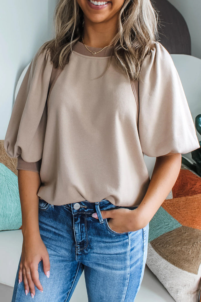 Goat Half Lantern Sleeve Solid Colour Pullover Top - S / 75% Polyester + 20% Cotton + 5% Elastane - Tops/Blouses &