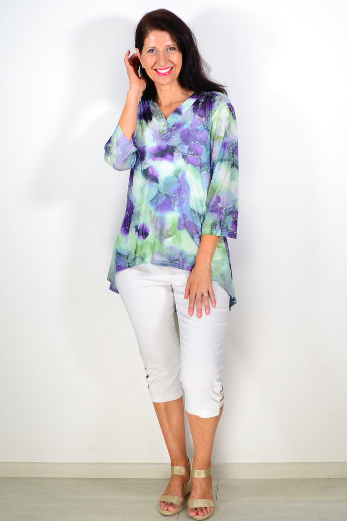 Green and purple mesh ladies tunic top by Whispers, featuring a flowy, lightweight design with a stylish, breathable fabric.
