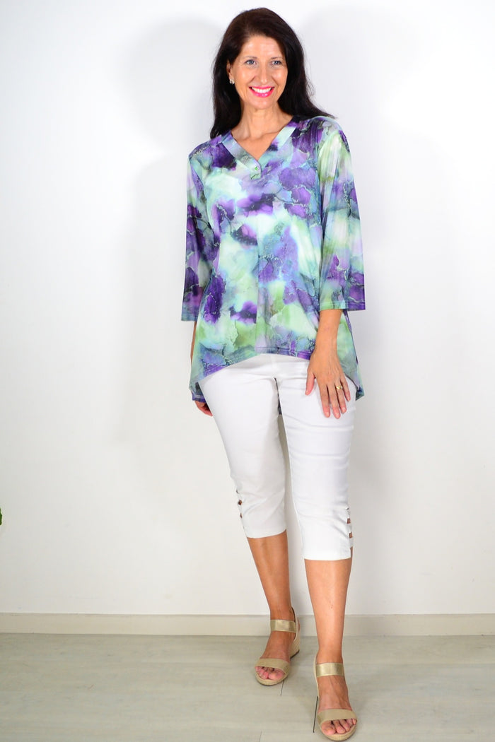 Green and purple mesh ladies tunic top by Whispers, featuring a lightweight, stylish design with a relaxed fit.