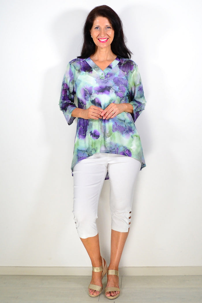 Green purple mesh ladies tunic top by Whispers, showing lightweight, semi-transparent fabric with a relaxed fit and stylish design.