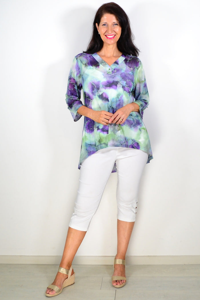Green and purple mesh ladies tunic top by Whispers, featuring a stylish, lightweight design with long sleeves and a relaxed fit.