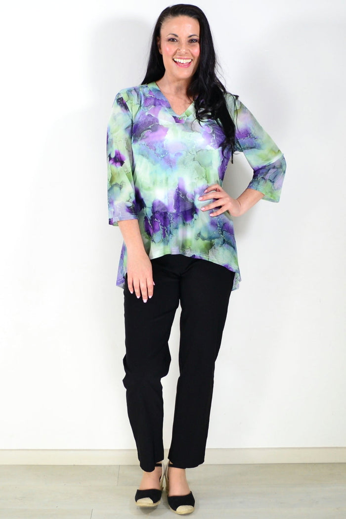 Green and purple mesh ladies tunic top by Whispers featuring a stylish, lightweight design with a relaxed fit.