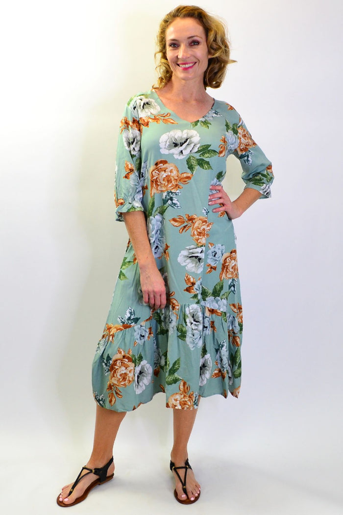 Green Wild Rose Tunic Slip Dress by I Love Tunics featuring floral pattern, long length, and relaxed fit.