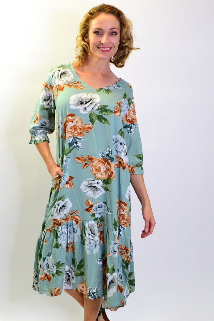 Green Wild Rose tunic slip dress with floral pattern, long style by I Love Tunics, perfect for casual or summer wear.