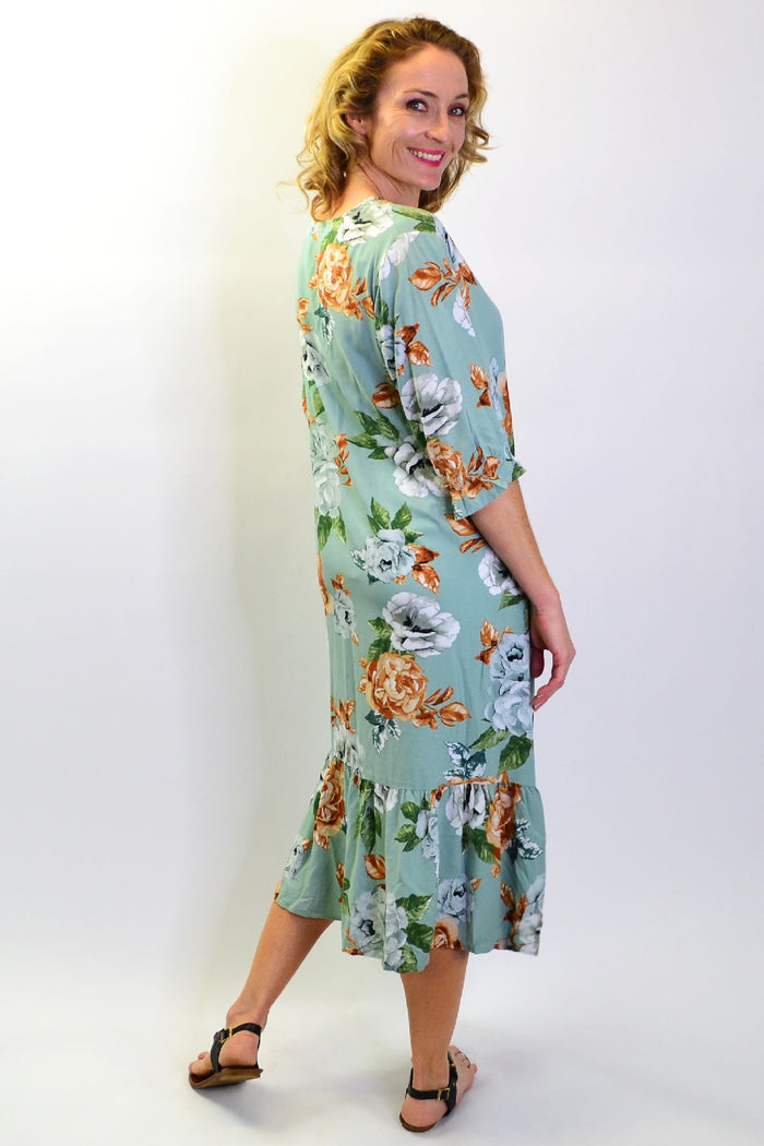 Green Wild Rose Tunic Slip Dress by I Love Tunics, featuring a flowy silhouette and floral wild rose pattern.
