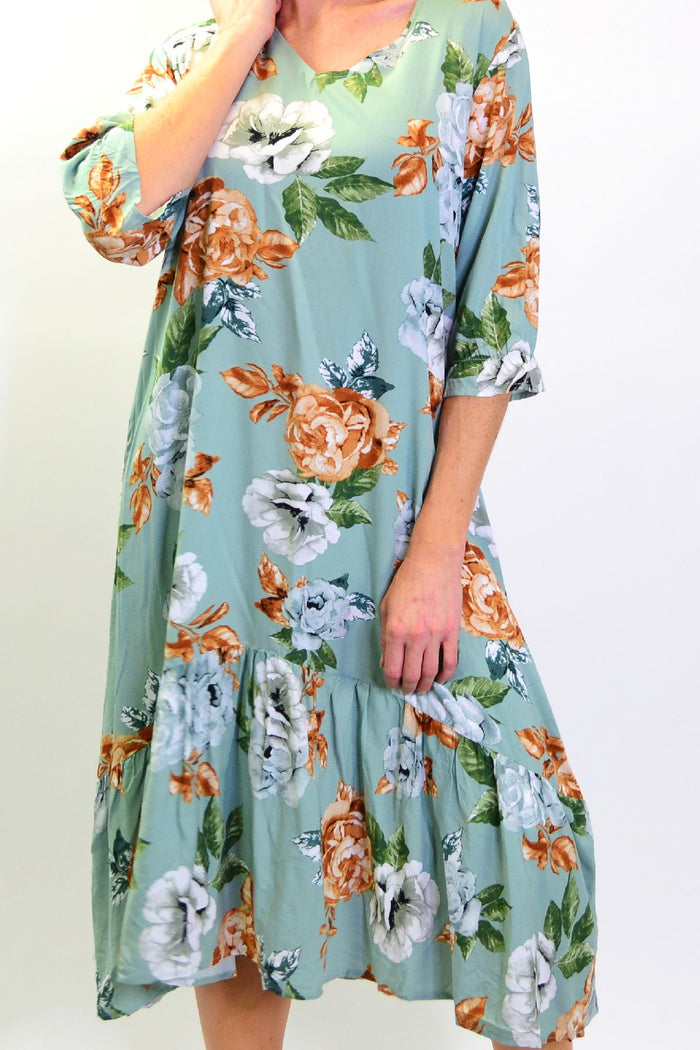 Green Wild Rose Tunic Slip Dress from I Love Tunics, featuring a flowy silhouette and floral pattern on lightweight fabric.
