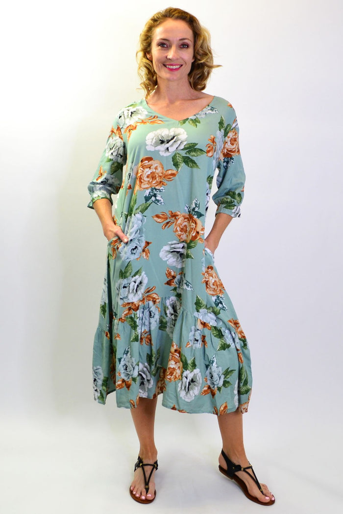 Green Wild Rose Tunic Slip Dress by I Love Tunics, featuring a floral long tunic with a relaxed fit and elegant design.