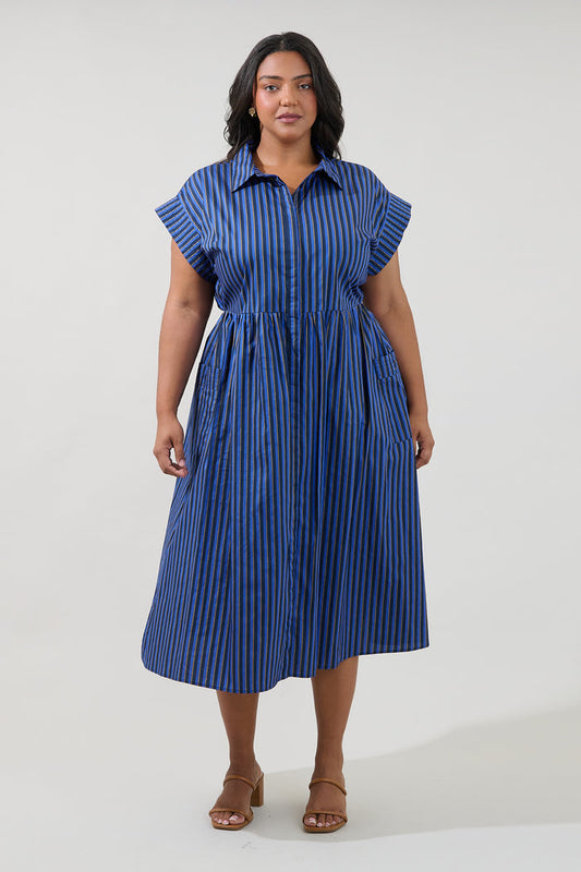 Grenola Button Up Midi Dress Stripe Curve