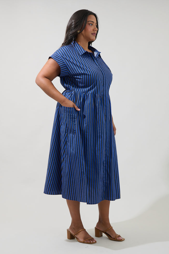 Grenola Button Up Midi Dress Stripe Curve