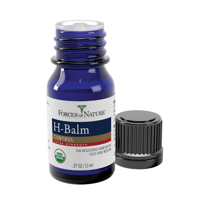 Front view of H-Balm Control Extra Strength bottle, 0.37 oz (11 ml), label visible, black cap beside on white background