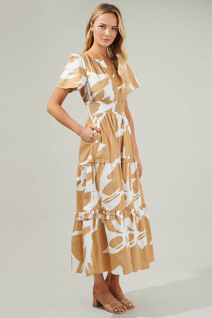 Hazel Abstract Palmer Poplin Tiered Maxi Dress