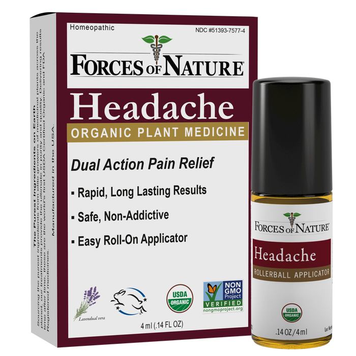 Front view of Headache Pain Management 4 ml rollerball and box showcasing product label, benefit bullets, and certification logos on white background
