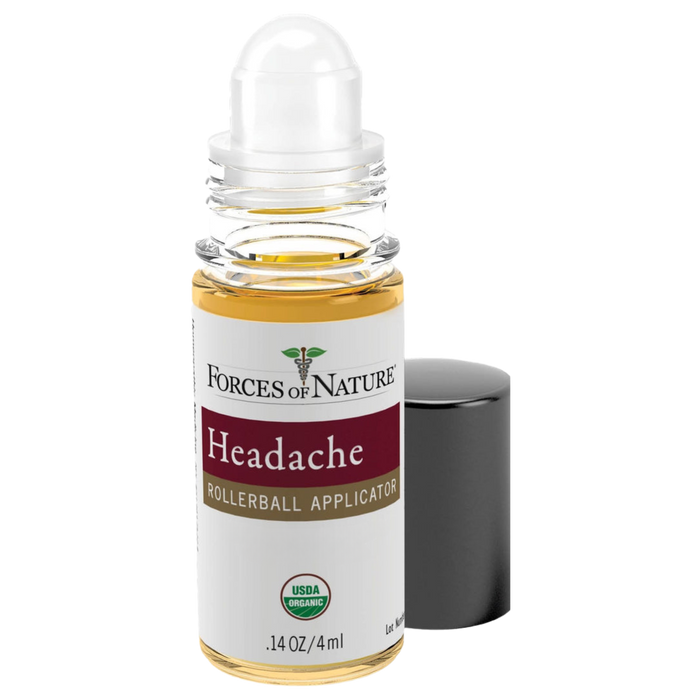 Front view of Headache Pain Management 4 ml rollerball showing exposed applicator, Headache label and black cap on white background