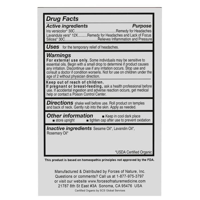 Product label showing Drug Facts for Headache Pain Management roll-on including active ingredients, uses, warnings, and directions