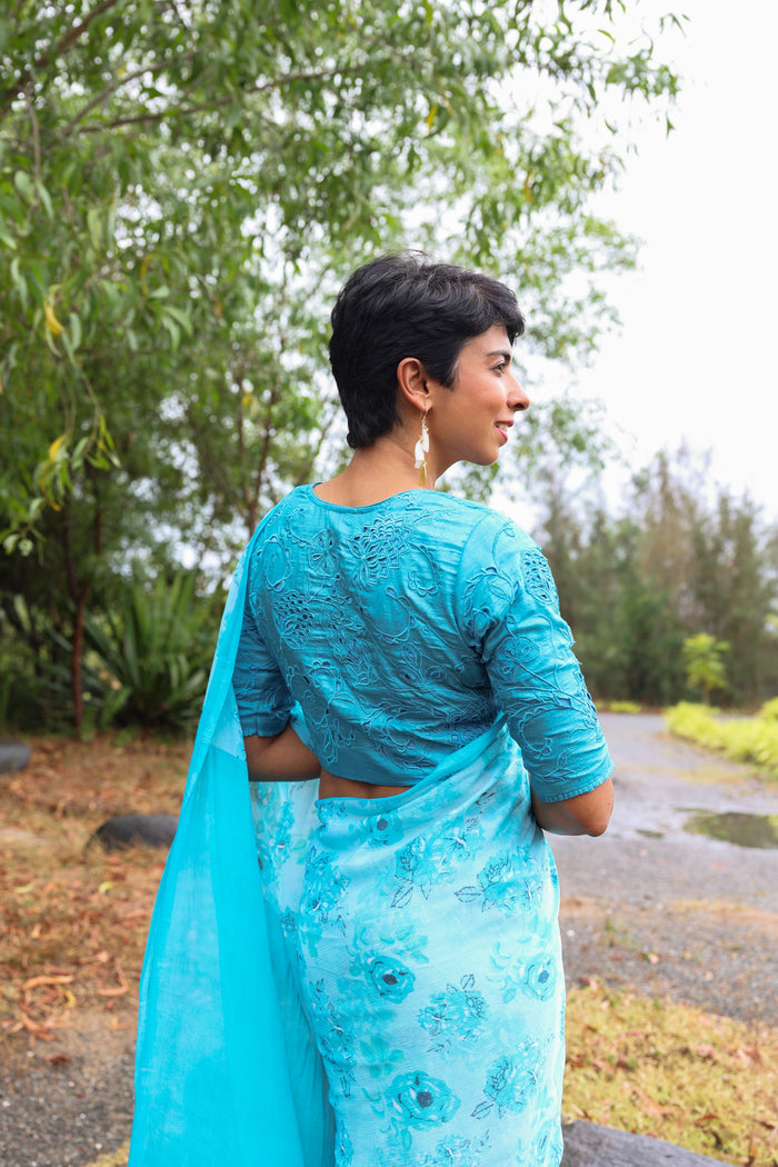 Heather blue tussar cutwork blouse