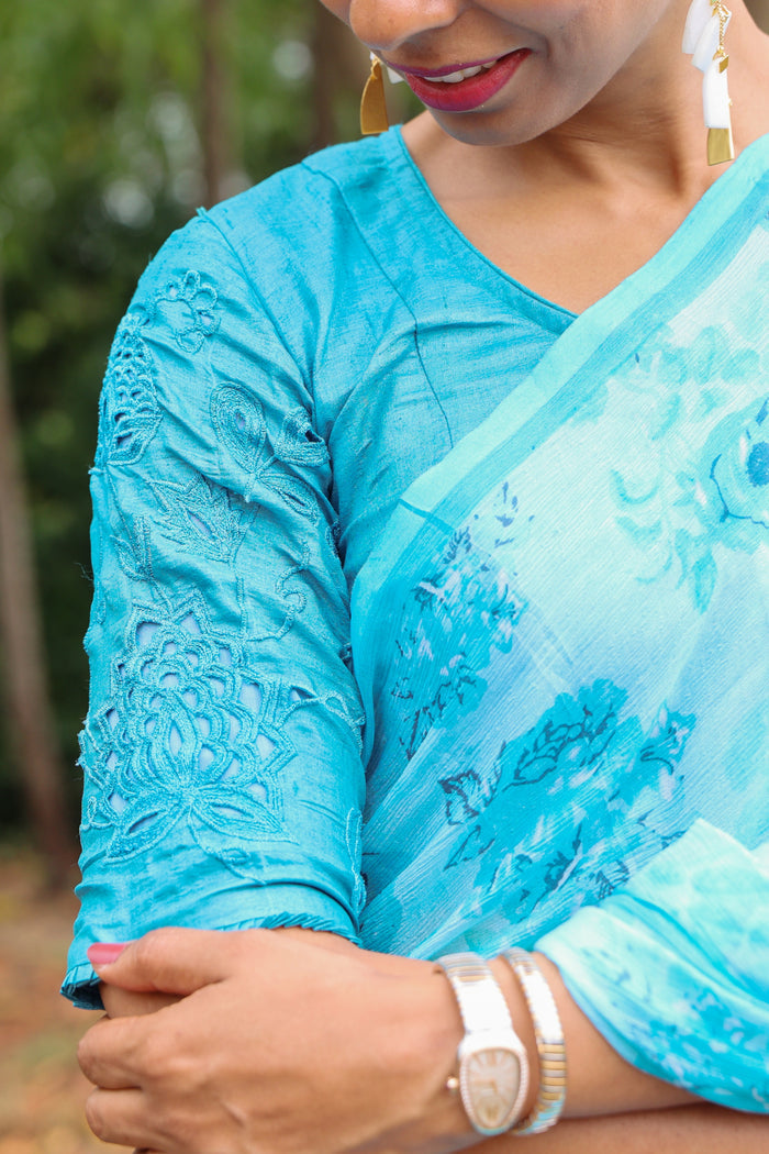 Heather blue tussar cutwork blouse