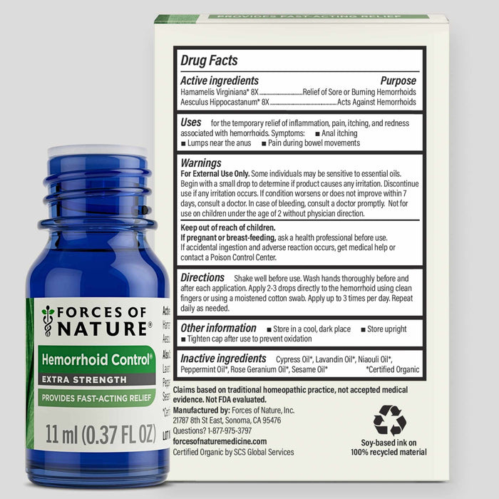 Front-left view of Hemorrhoid Control 11 ml bottle and box showing Extra Strength label and Drug Facts panel on a light gray background