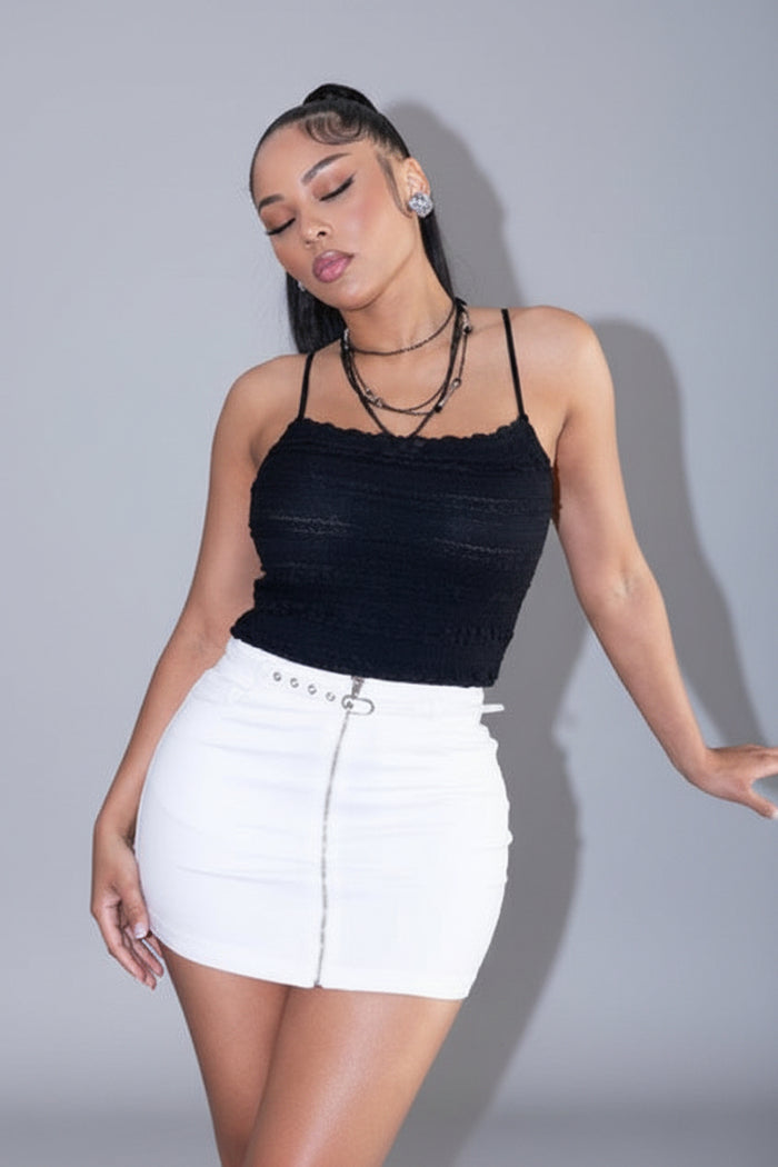 High-rise Belted Zip-up Denim Skirt (White)