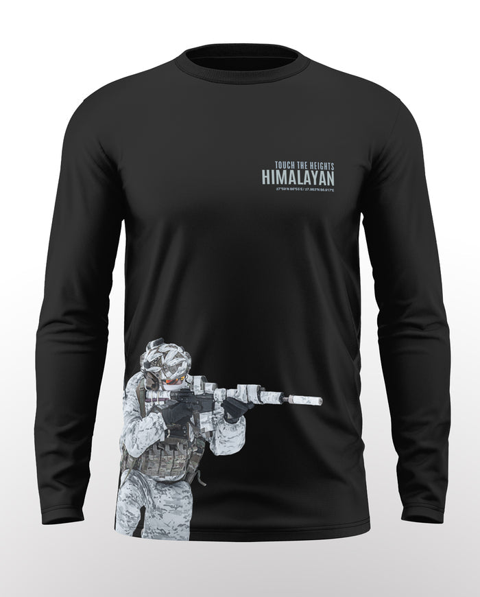 Black full sleeve men's t-shirt with soldier graphic and Himalayan text on chest