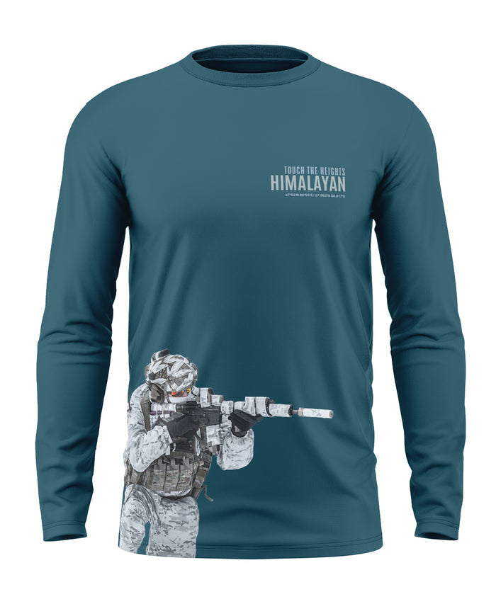 Blue men's full sleeve t-shirt with Himalayan text and army sniper graphic print on front