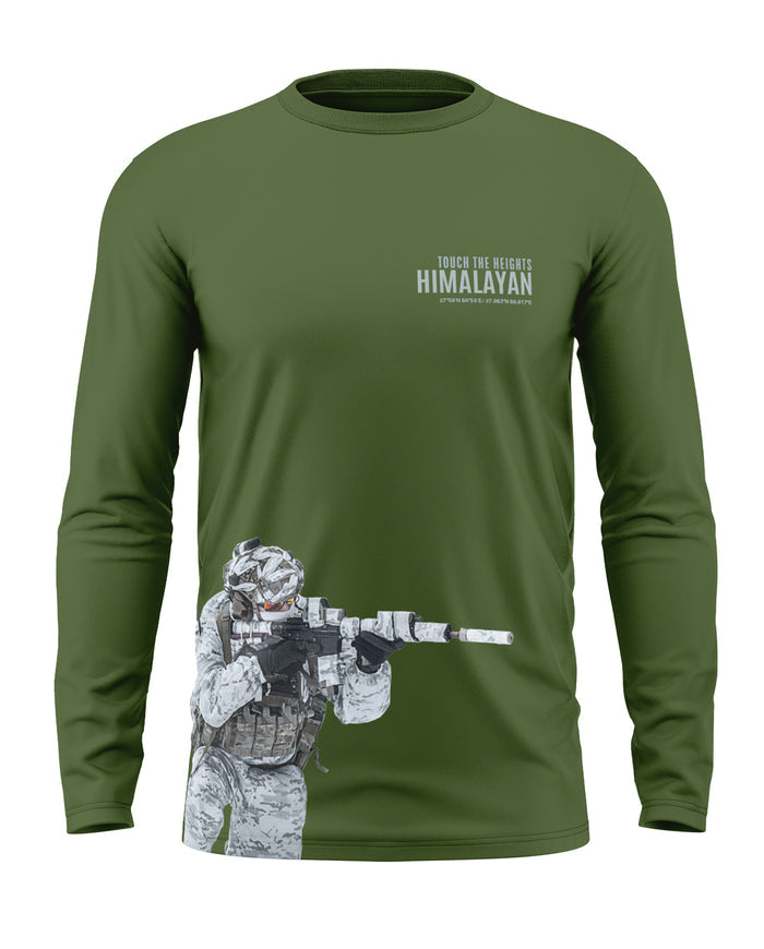Olive green full sleeve t-shirt with 'HIMALAYAN' text and soldier graphic print