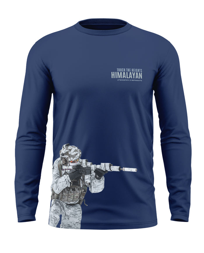Navy blue full sleeve t-shirt with 'Himalayan' text and camouflage soldier graphic print