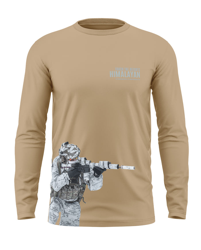 Beige men's full sleeve t-shirt with soldier graphic and 'Himalayan' text on chest
