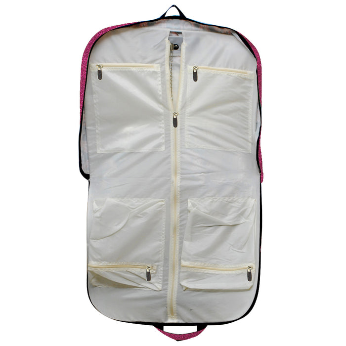 hot pink glitter garment bag, NGIL garment bag, dance garment bag, cheer garment bag, travel garment bag, competition garment bag, dancewear storage bag, wrinkle-free travel bag, glitter travel bag, dancer travel bag, cheerleader travel bag, monogram garment bag, foldable garment bag, lightweight dance bag, dance competition bag, glitter cheer bag, garment bag with hook, glitter clothing bag, sparkly garment bag, stylish travel bag, costume storage bag, dance outfit bag, cheer uniform bag