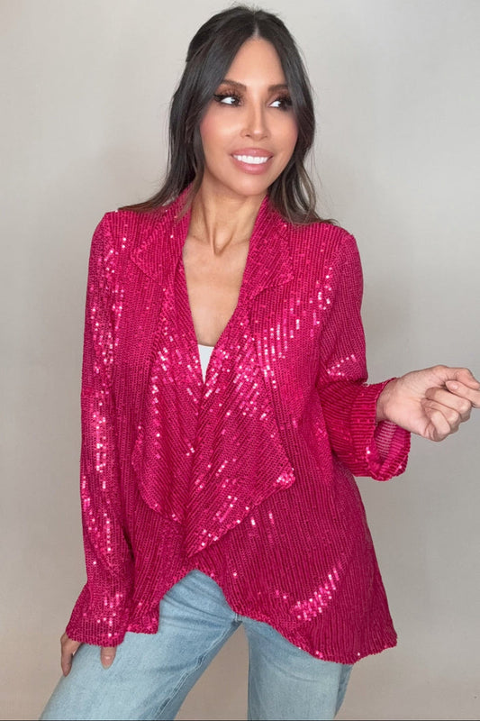 Style the Hot Pink Sequin Draped Collar Jacket exclusively at Born To Glam