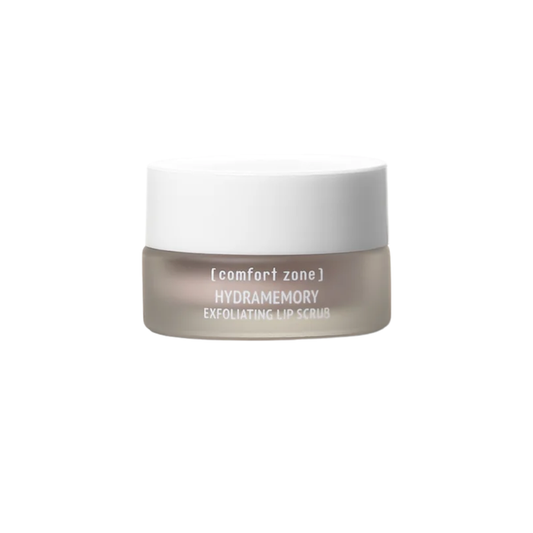 Hydramemory Exfoliating Lip Scrub | [ comfort zone ] in a small frosted jar with white lid, designed for gentle skincare lip exfoliation and hydration.