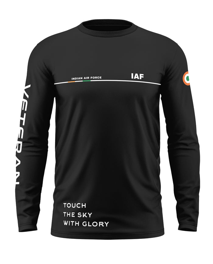 Black Indian Air Force full sleeve t-shirt with veteran text, flag patch, and motivational quote.