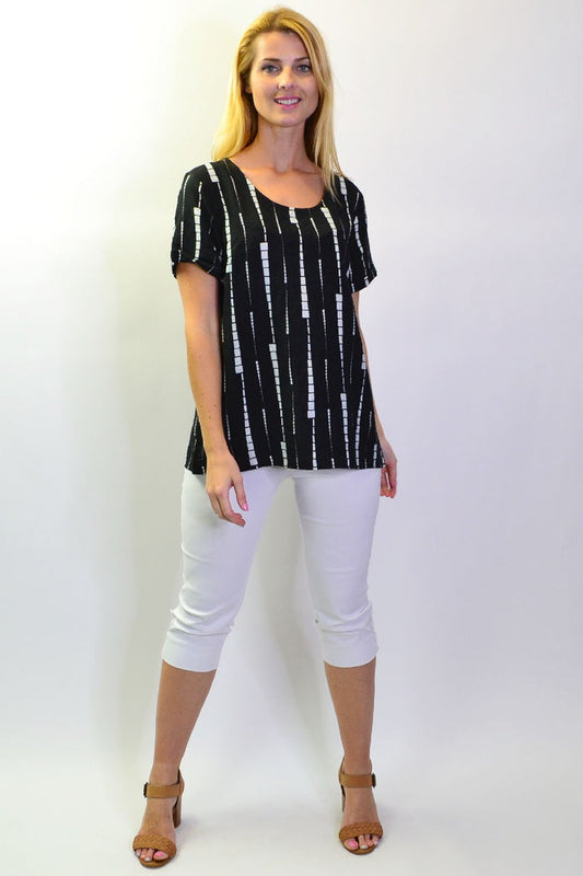 Black and white striped Stylius Jazzy Tech tunic top with short sleeves and a relaxed fit.