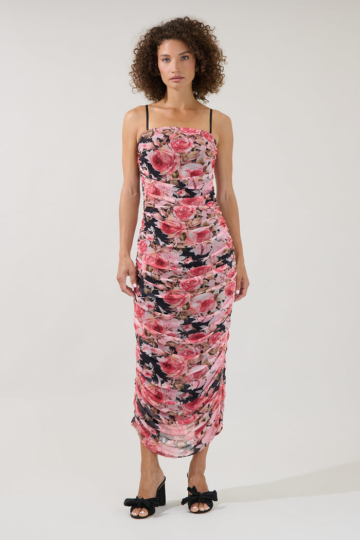 Jenna Ruched Mesh Midi Dress Floral