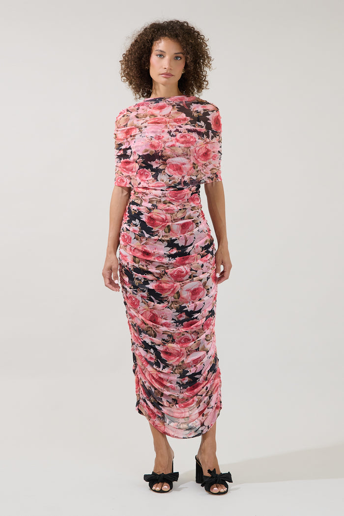 Jenna Ruched Mesh Midi Dress Floral