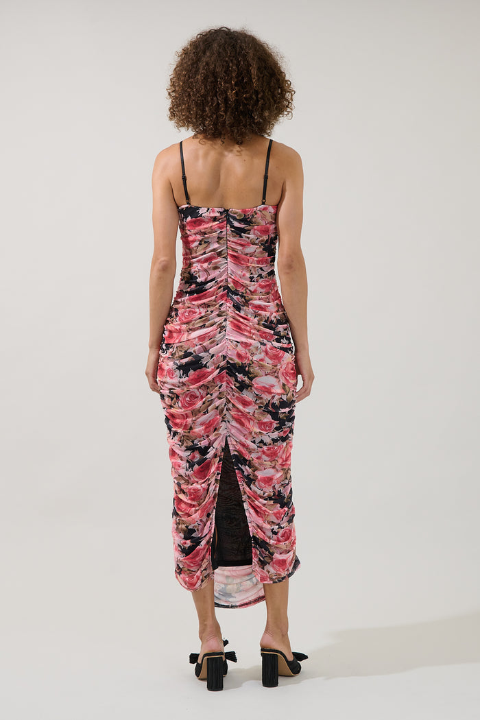 Jenna Ruched Mesh Midi Dress Floral