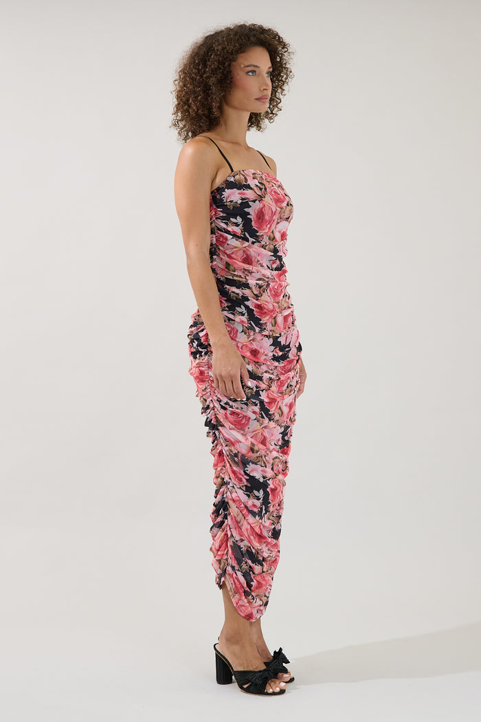 Jenna Ruched Mesh Midi Dress Floral