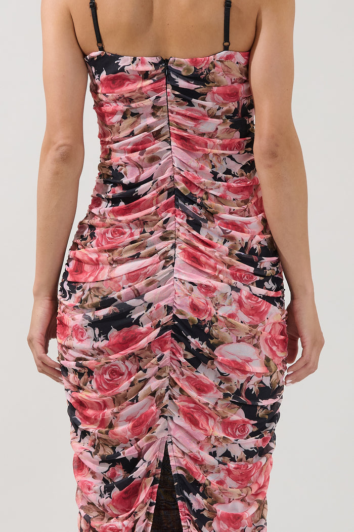 Jenna Ruched Mesh Midi Dress Floral